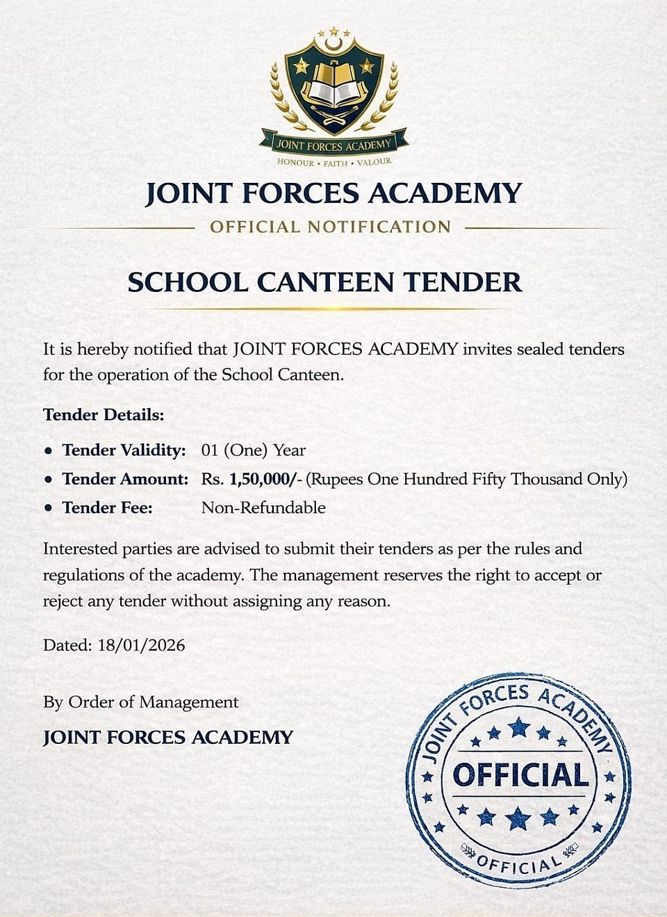 JOINT FORCES ACADEMY (CANTEEN TENDER 2026)